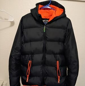 Black Puffer Jacket with Orange Accents